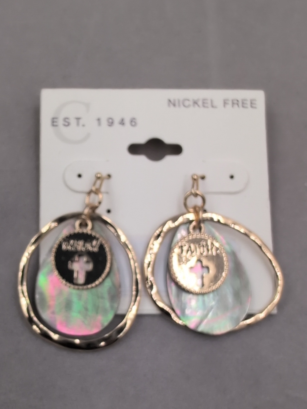 Gold-Tone Hoop Drop Earrings with Iridescent Shell and Faith Medallions